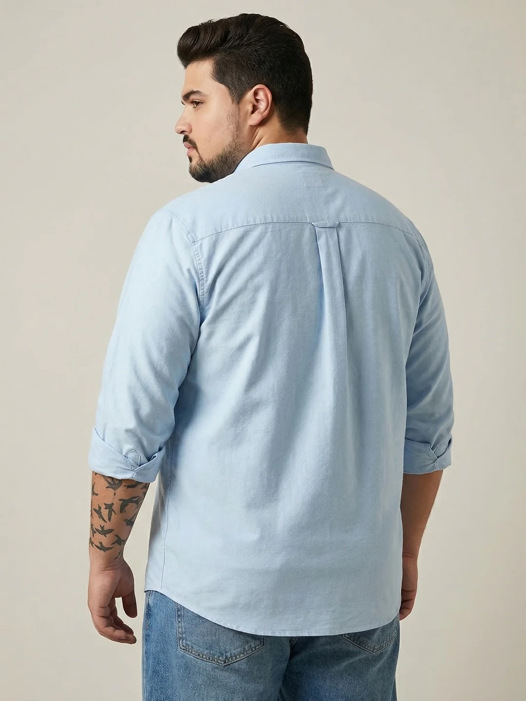 Plus Men's Light Blue Cotton Full Sleeve Regular Fit Solid Oxford Shirt With Button-Down Collar - Image 3