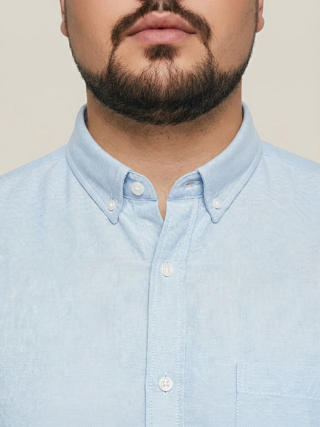 Plus Men's Light Blue Cotton Full Sleeve Regular Fit Solid Oxford Shirt With Button-Down Collar - Image 5