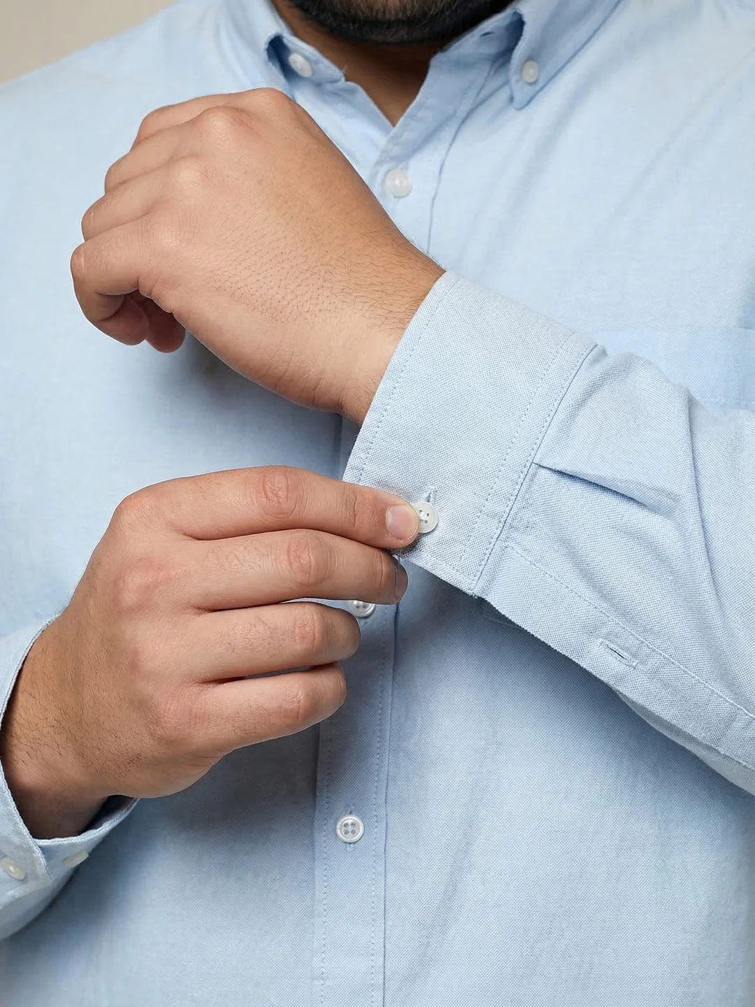 Plus Men's Light Blue Cotton Full Sleeve Regular Fit Solid Oxford Shirt With Button-Down Collar - Image 6