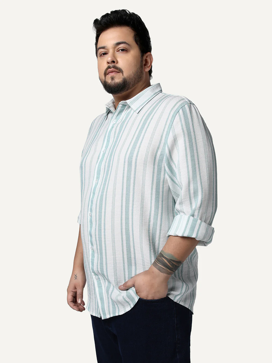 Plus Men's Light Blue Cotton Full Sleeve Relaxed Fit Linen Striped Shirt with Spread Collar - Image 2