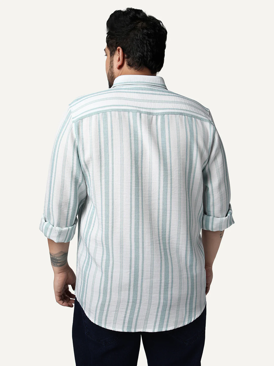Plus Men's Light Blue Cotton Full Sleeve Relaxed Fit Linen Striped Shirt with Spread Collar - Image 3