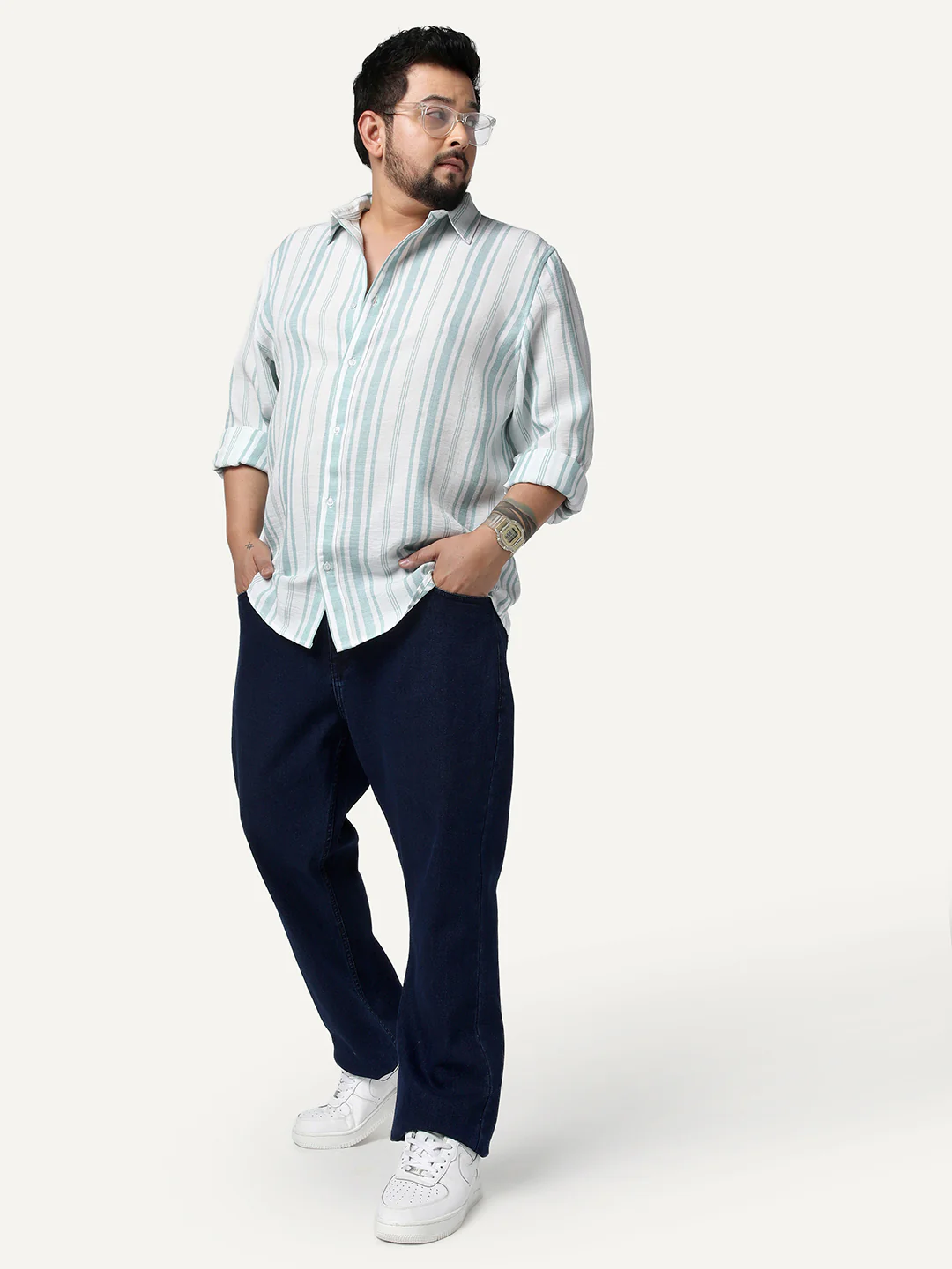 Plus Men's Light Blue Cotton Full Sleeve Relaxed Fit Linen Striped Shirt with Spread Collar - Image 4
