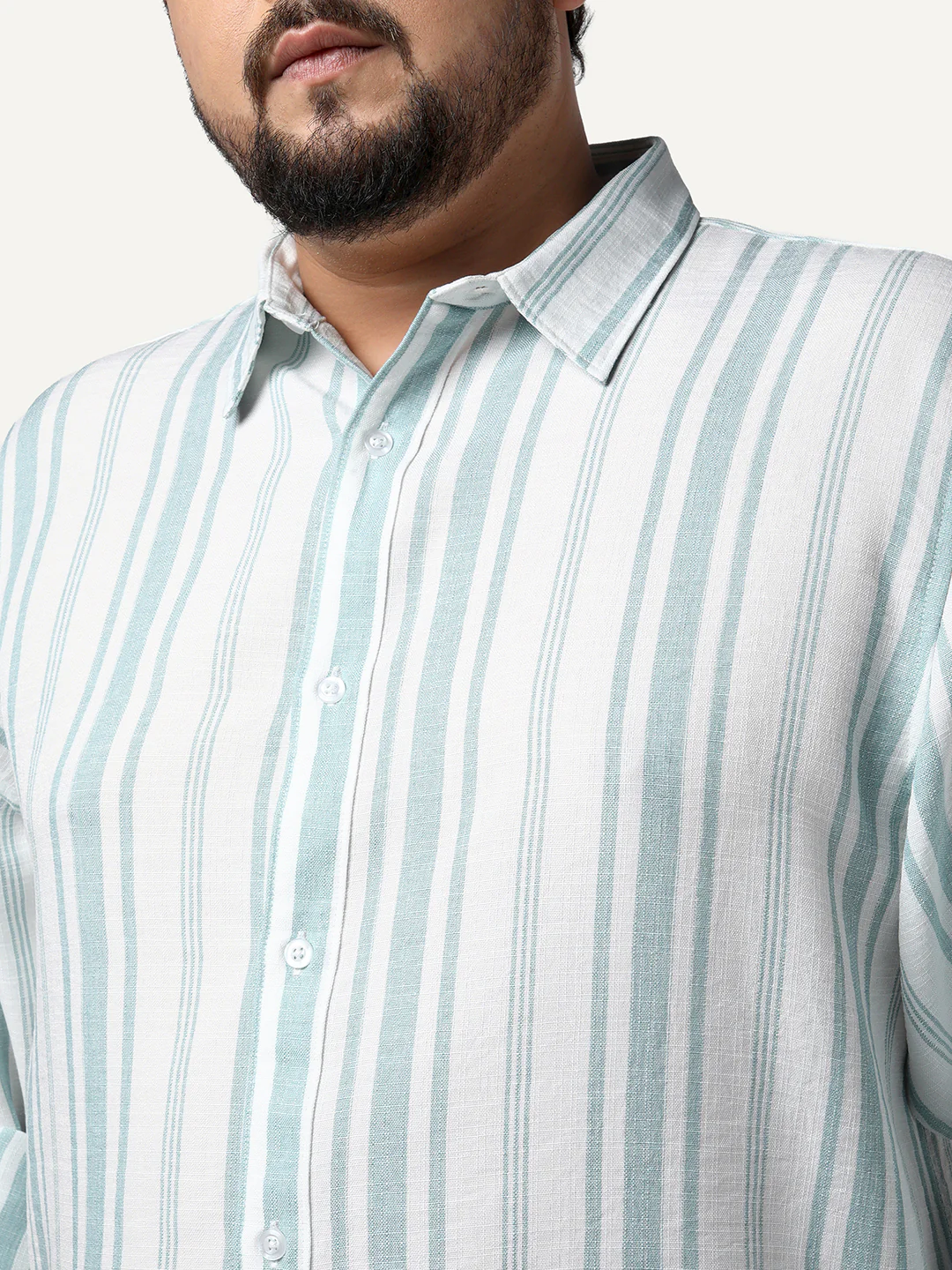 Plus Men's Light Blue Cotton Full Sleeve Relaxed Fit Linen Striped Shirt with Spread Collar - Image 5