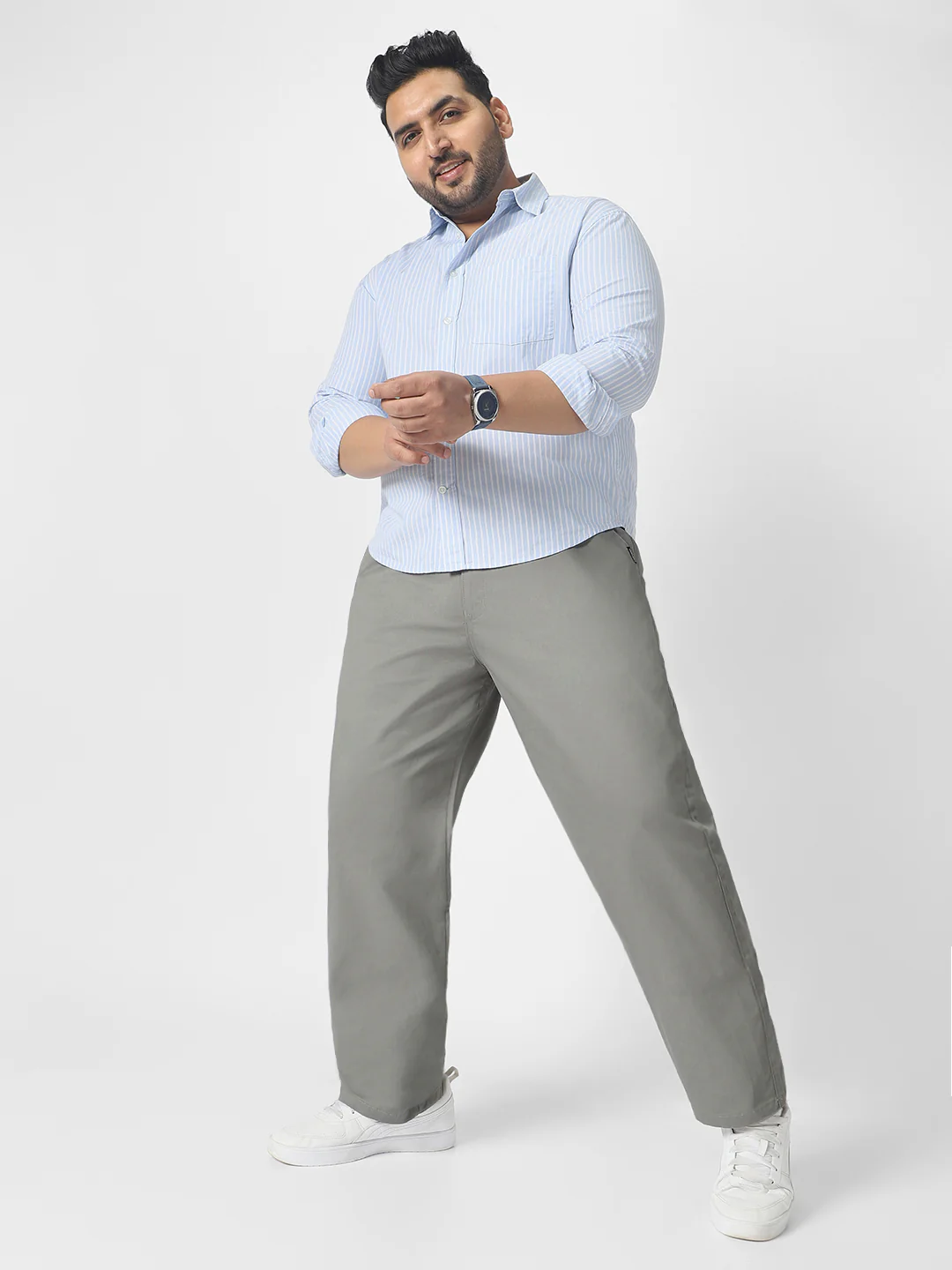 Plus Men's Light Blue Cotton Regular Fit Casual Chinos Trousers Stretch - Image 4