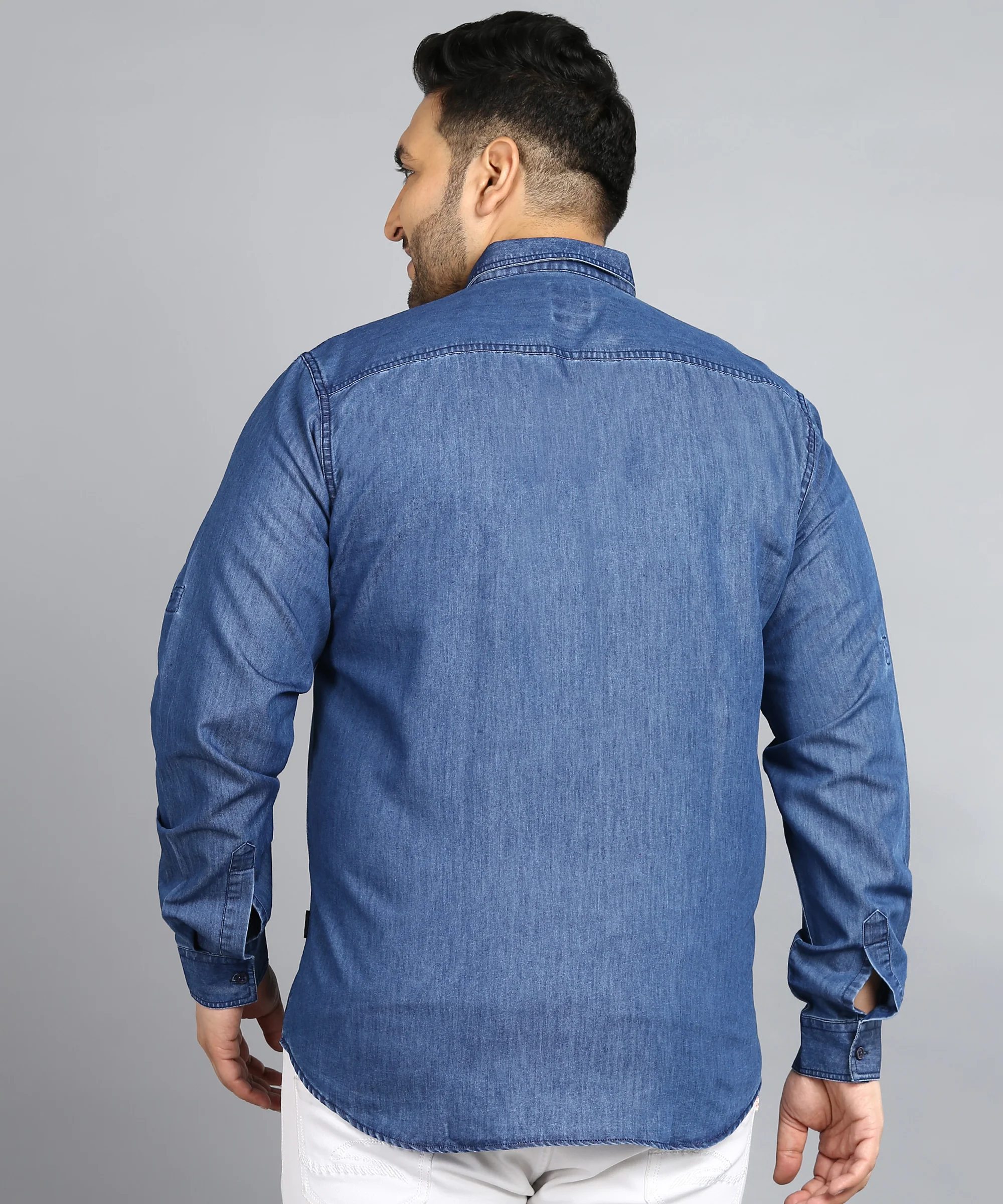 Plus Men's Light Blue Denim Full Sleeve Regular Fit Washed Casual Shirt - Image 3