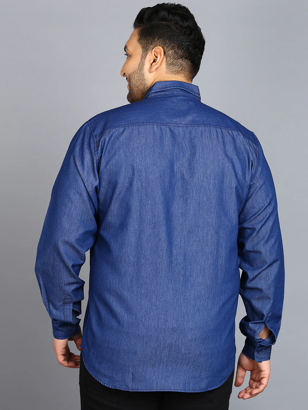 Plus Men's Light Blue Denim Full Sleeve Regular Fit Washed Casual Shirt - Image 3
