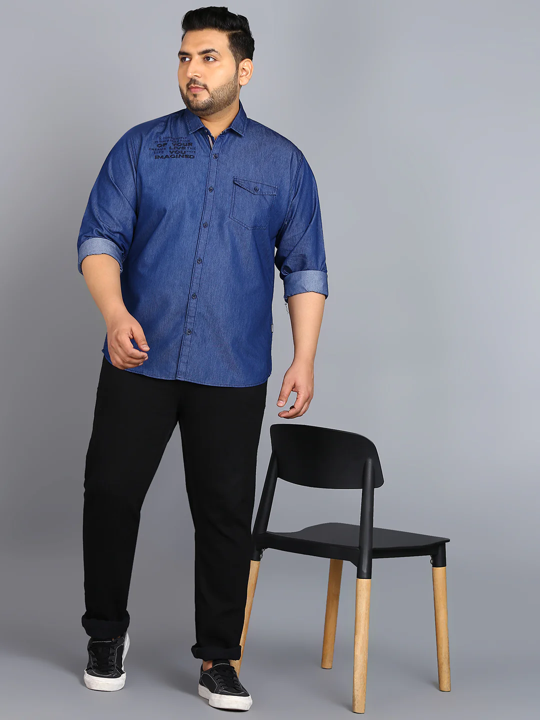 Plus Men's Light Blue Denim Full Sleeve Regular Fit Washed Casual Shirt - Image 4