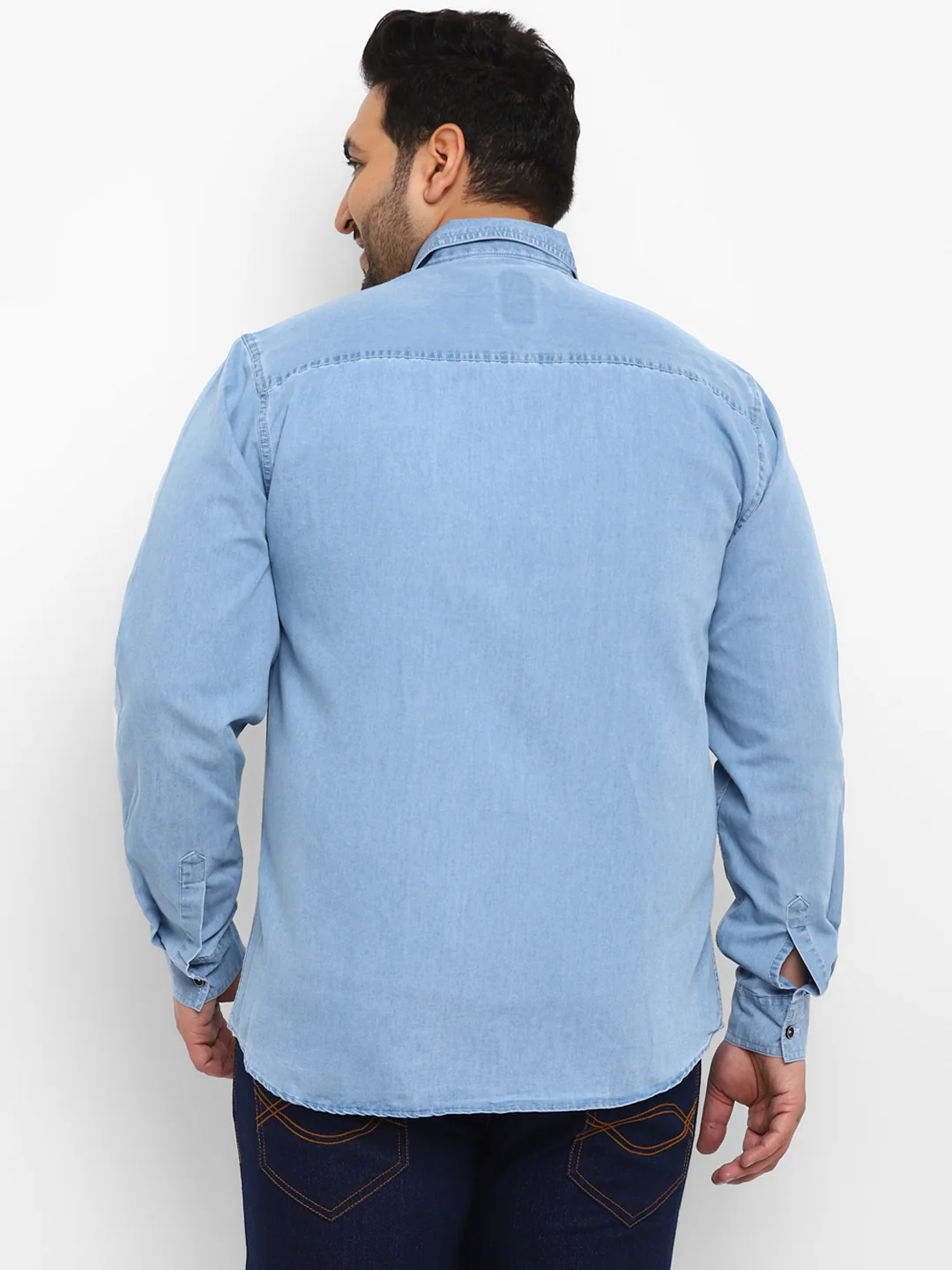 Plus Men's Light Blue Full Sleeve Regular Fit Casual Denim Shirt - Image 3