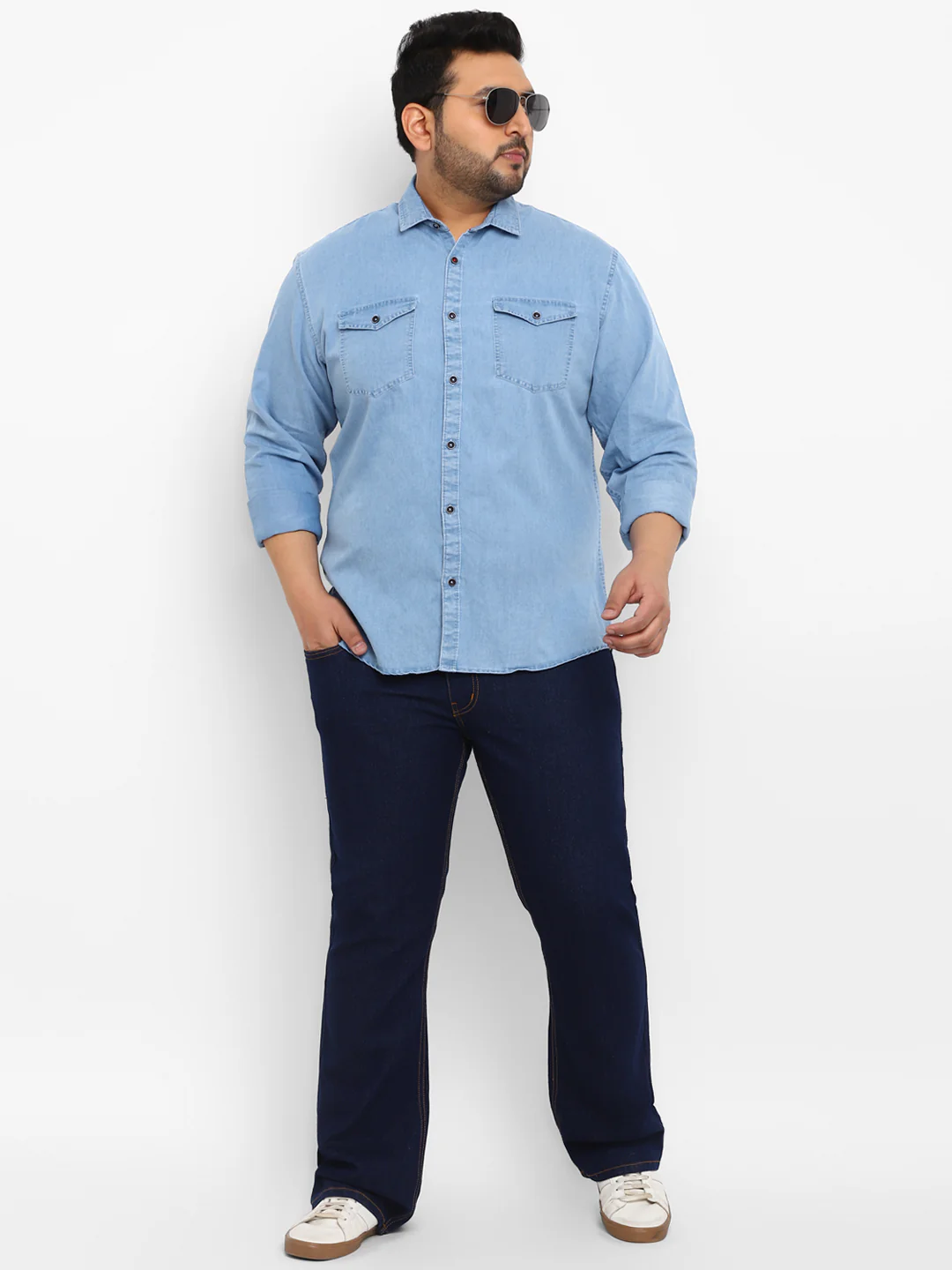 Plus Men's Light Blue Full Sleeve Regular Fit Casual Denim Shirt - Image 4