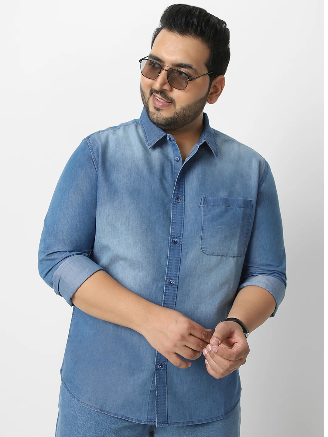 Plus Men's Light Blue Full Sleeve Regular Fit Casual Denim Shirt