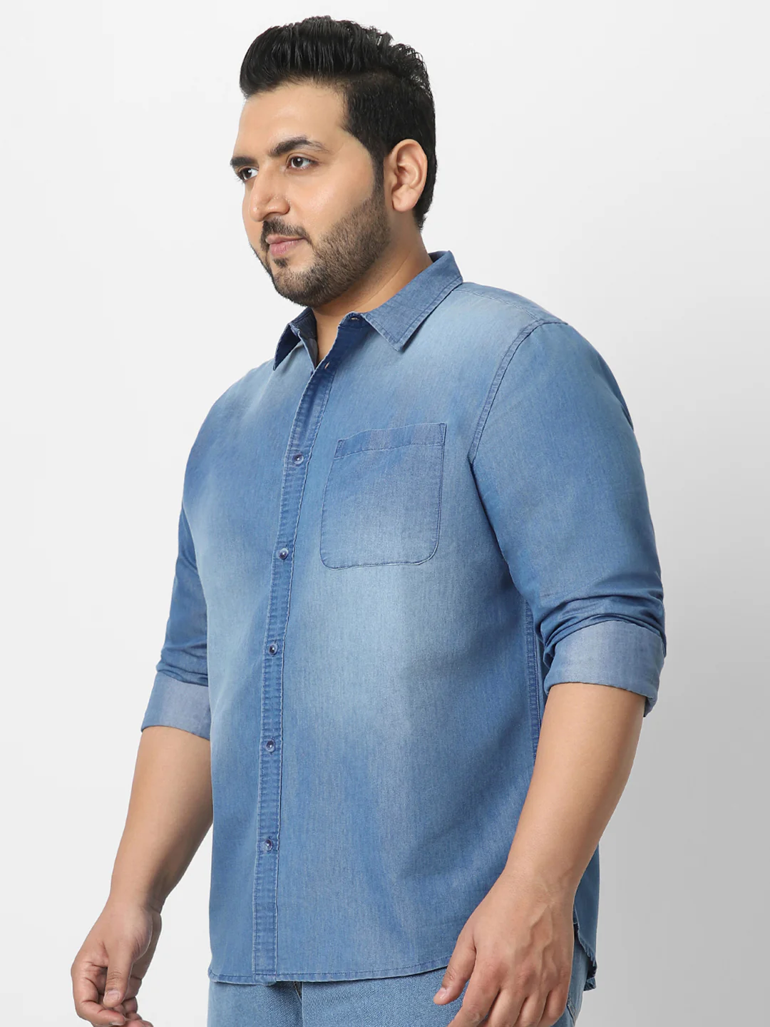 Plus Men's Light Blue Full Sleeve Regular Fit Casual Denim Shirt - Image 2