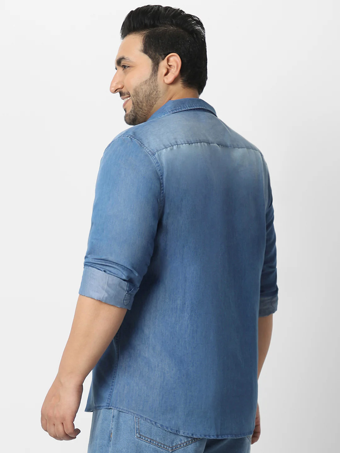 Plus Men's Light Blue Full Sleeve Regular Fit Casual Denim Shirt - Image 3