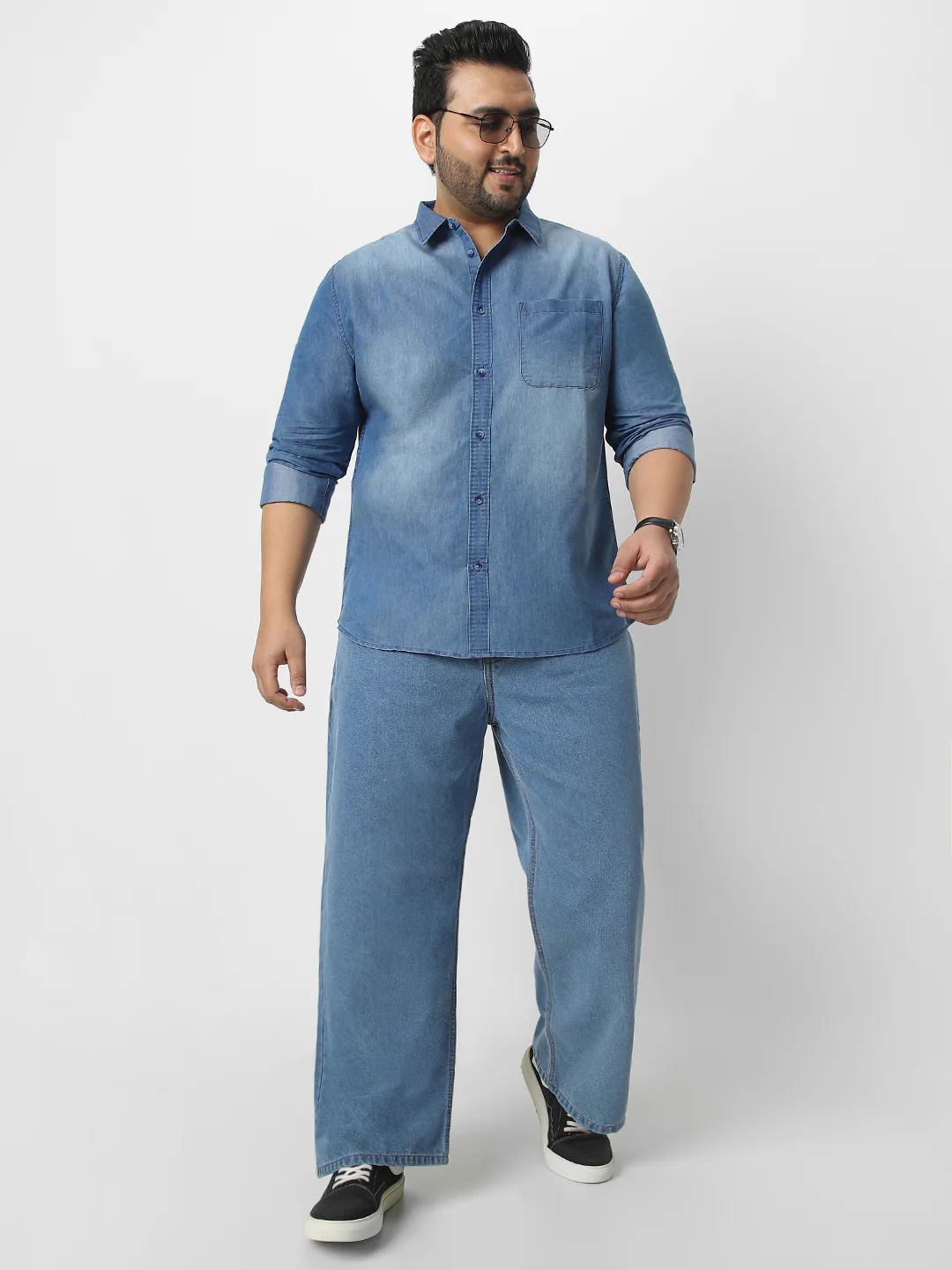 Plus Men's Light Blue Full Sleeve Regular Fit Casual Denim Shirt - Image 4