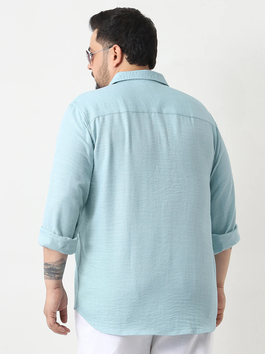 Plus Men's Light Blue Linen Blend Full Sleeve Relaxed Fit Casual Solid Shirt - Image 3
