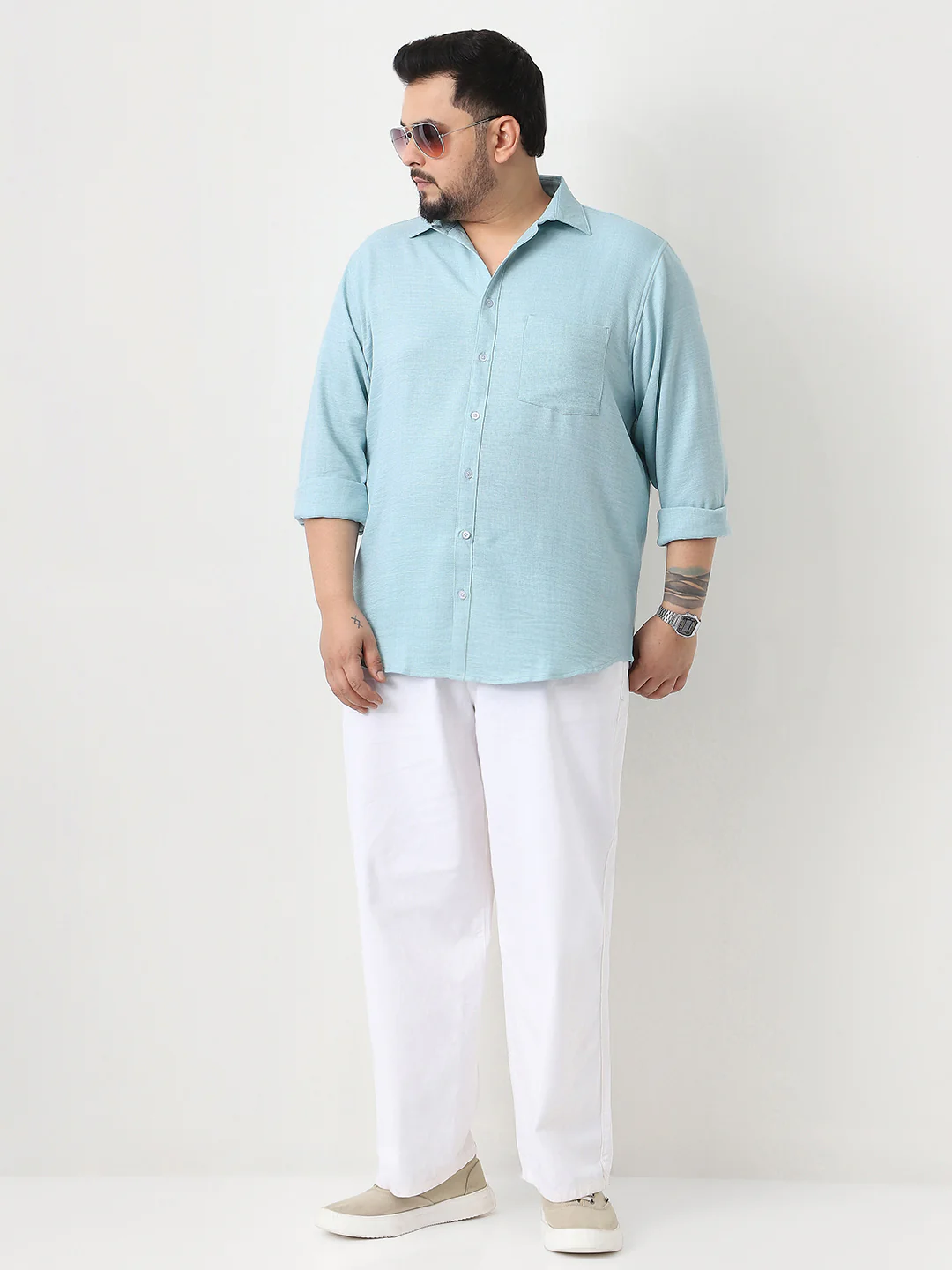 Plus Men's Light Blue Linen Blend Full Sleeve Relaxed Fit Casual Solid Shirt - Image 4