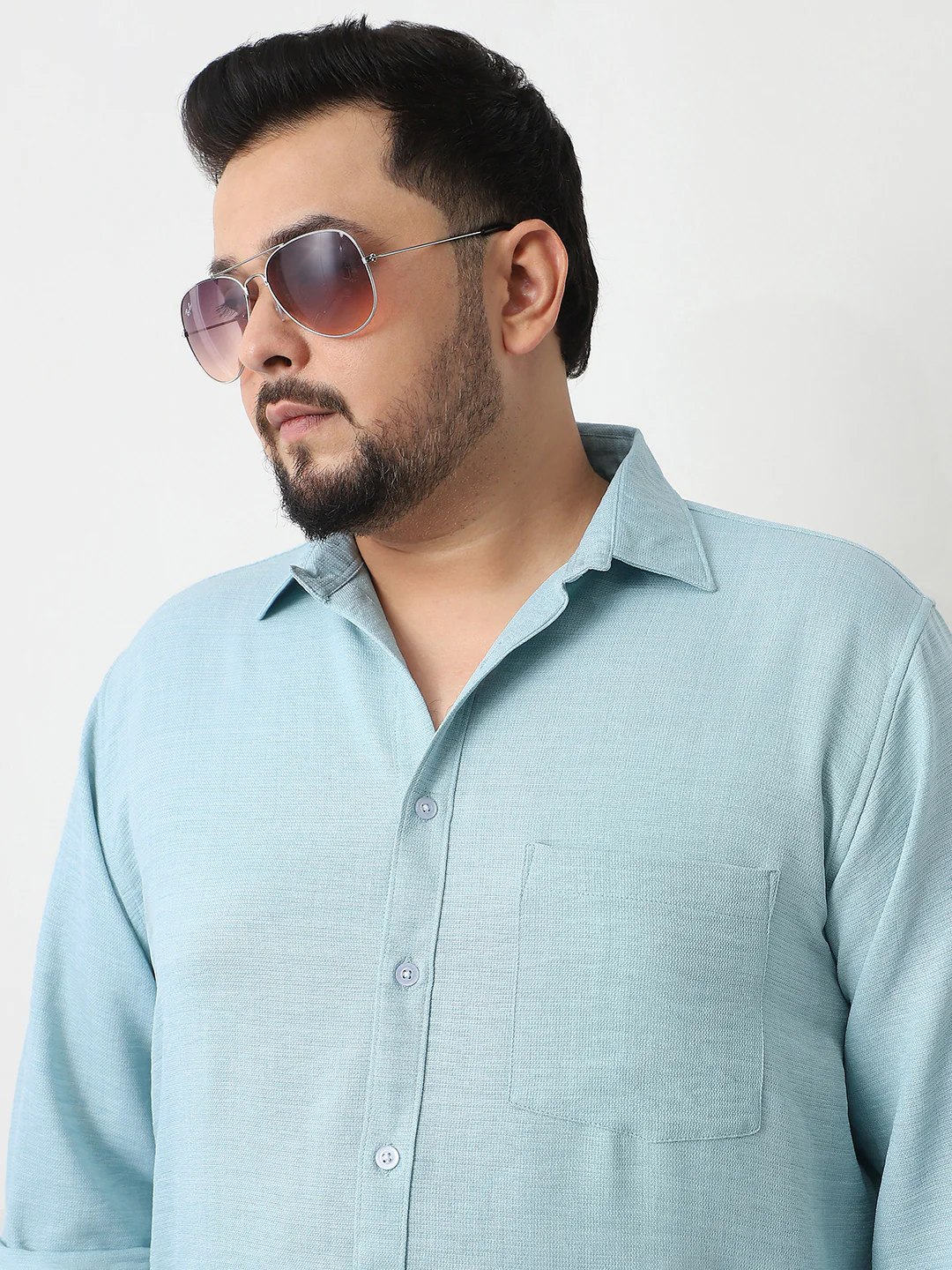 Plus Men's Light Blue Linen Blend Full Sleeve Relaxed Fit Casual Solid Shirt - Image 5