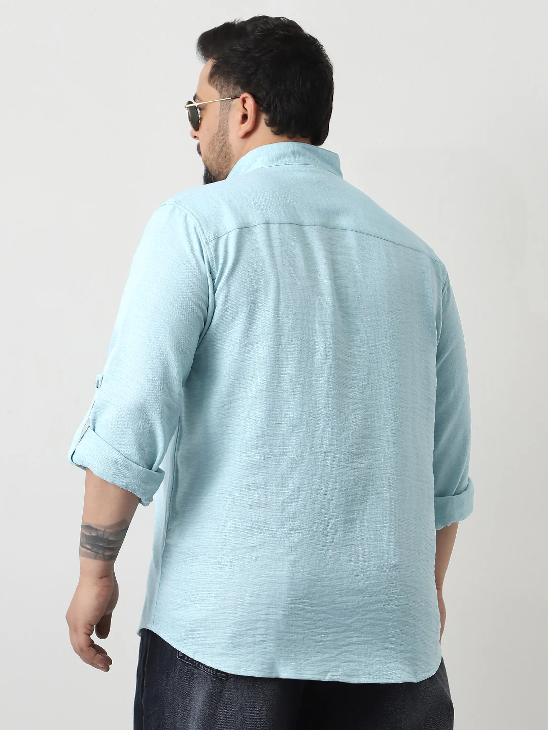 Plus Men's Light Blue Linen Blend Full Sleeve Relaxed Fit Mandarin Collar Casual Solid Shirt - Image 3
