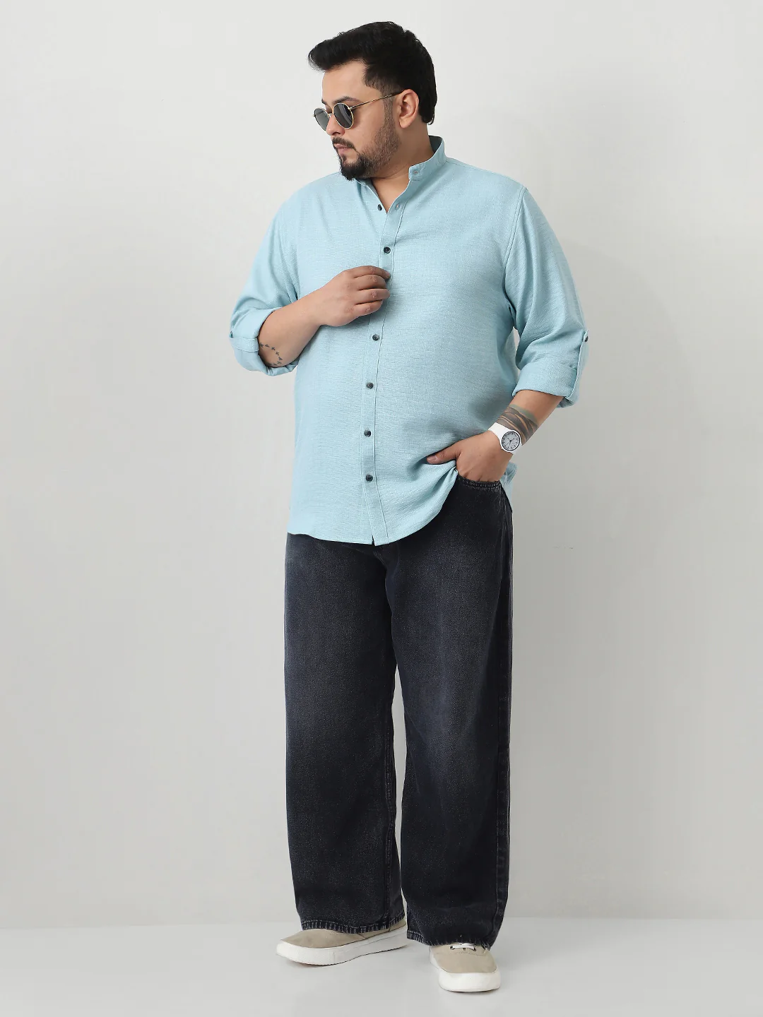 Plus Men's Light Blue Linen Blend Full Sleeve Relaxed Fit Mandarin Collar Casual Solid Shirt - Image 4