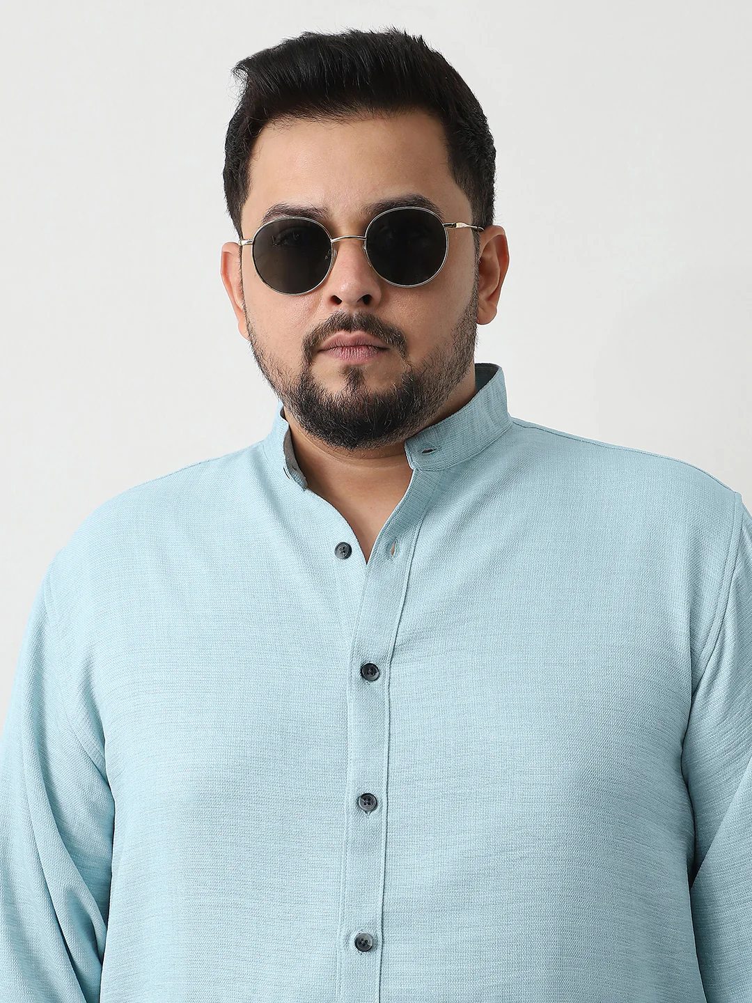 Plus Men's Light Blue Linen Blend Full Sleeve Relaxed Fit Mandarin Collar Casual Solid Shirt - Image 5