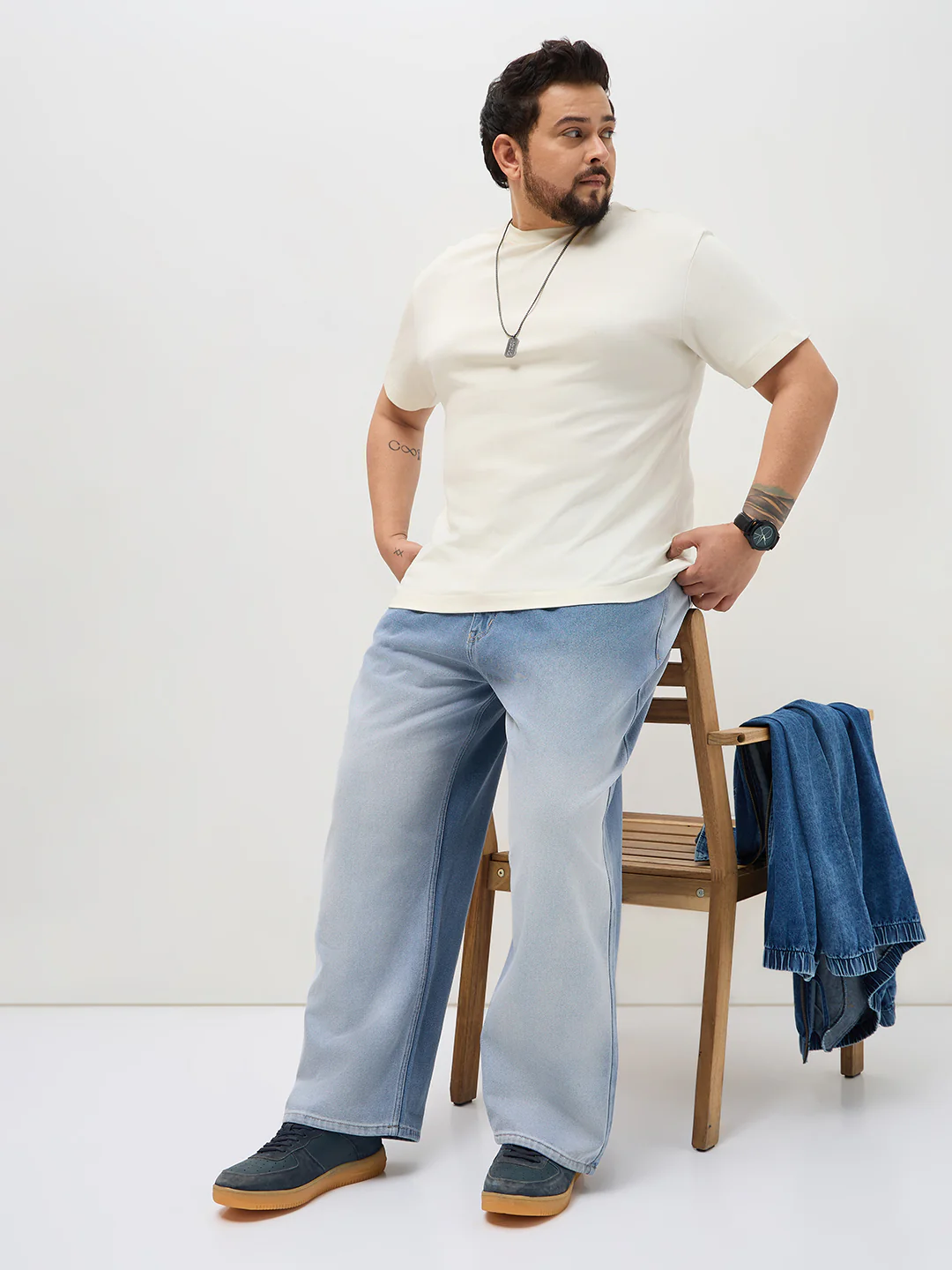 Plus Men's Light Blue Loose Baggy Fit Heavy Washed Faded Denim Jeans Non-Stretchable - Image 4