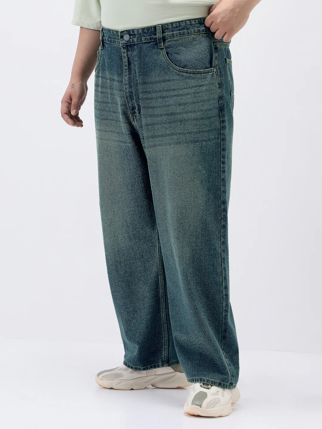 Plus Men's Light Blue Loose Baggy Fit Heavy Washed Jeans Non-Stretchable - Image 2