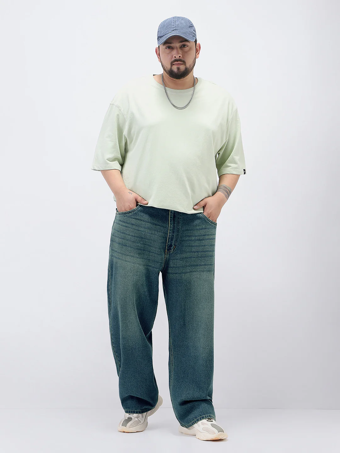 Plus Men's Light Blue Loose Baggy Fit Heavy Washed Jeans Non-Stretchable - Image 4