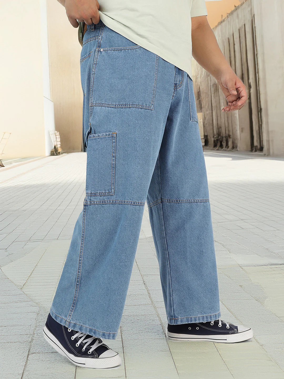 Plus Men's Light Blue Loose Baggy Fit Washed Cargo Jeans with 6 Pockets Non-Stretchable