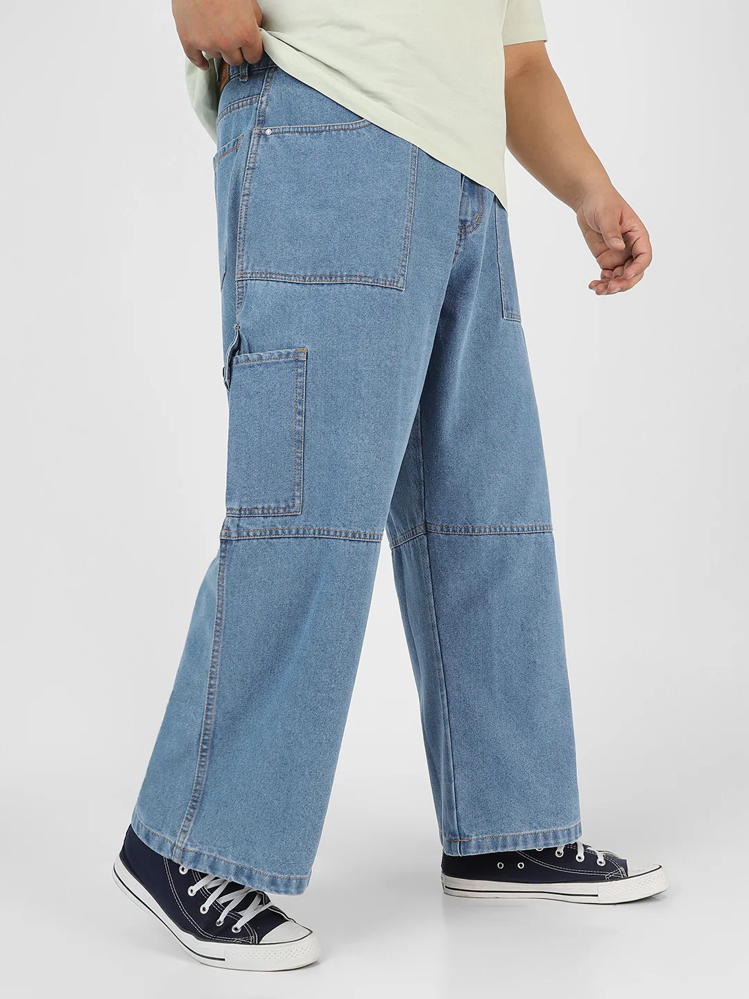 Plus Men's Light Blue Loose Baggy Fit Washed Cargo Jeans with 6 Pockets Non-Stretchable - Image 2