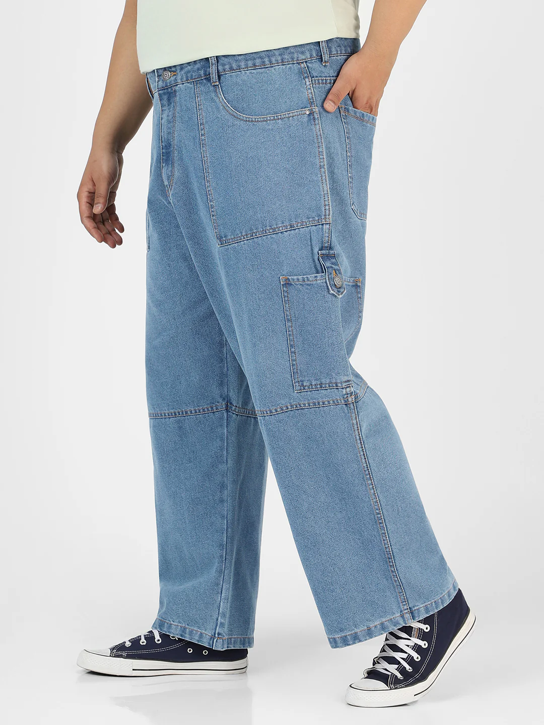 Plus Men's Light Blue Loose Baggy Fit Washed Cargo Jeans with 6 Pockets Non-Stretchable - Image 3