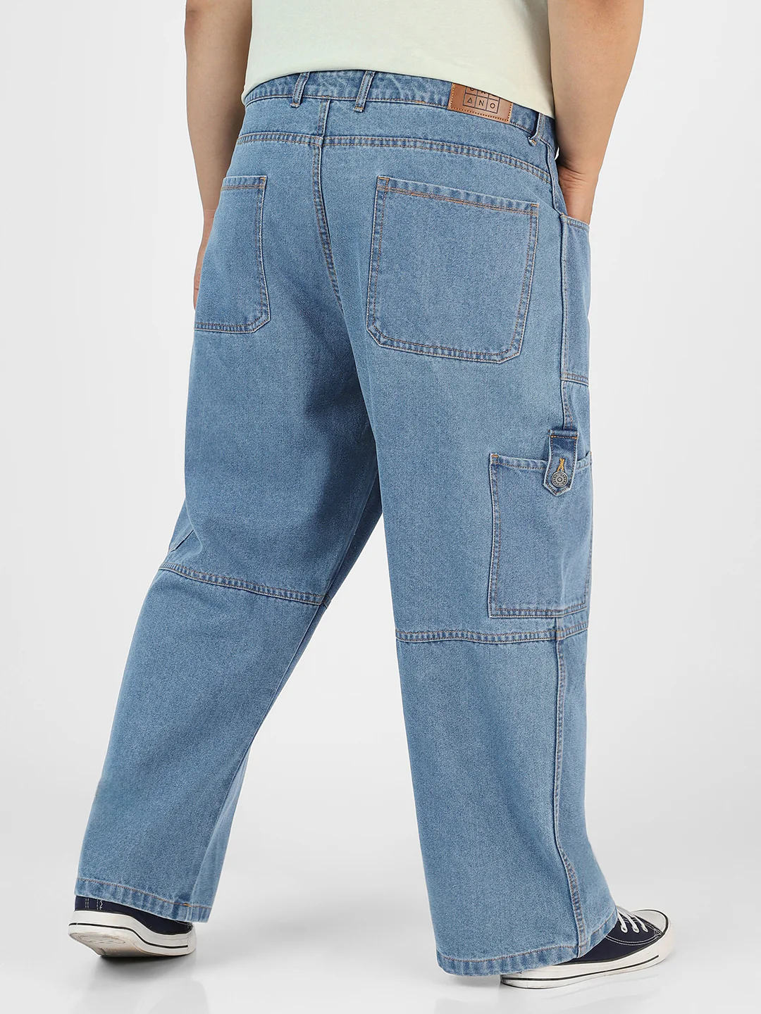 Plus Men's Light Blue Loose Baggy Fit Washed Cargo Jeans with 6 Pockets Non-Stretchable - Image 4