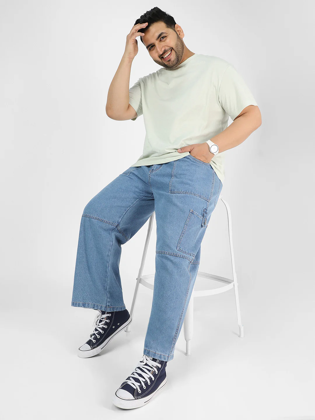 Plus Men's Light Blue Loose Baggy Fit Washed Cargo Jeans with 6 Pockets Non-Stretchable - Image 5