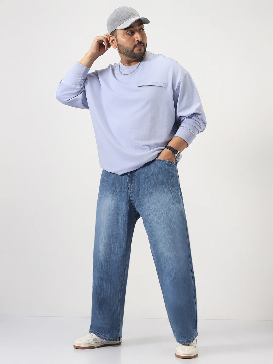 Plus Men's Light Blue Loose Baggy Fit Washed Denim Jeans Non-Stretchable - Image 4