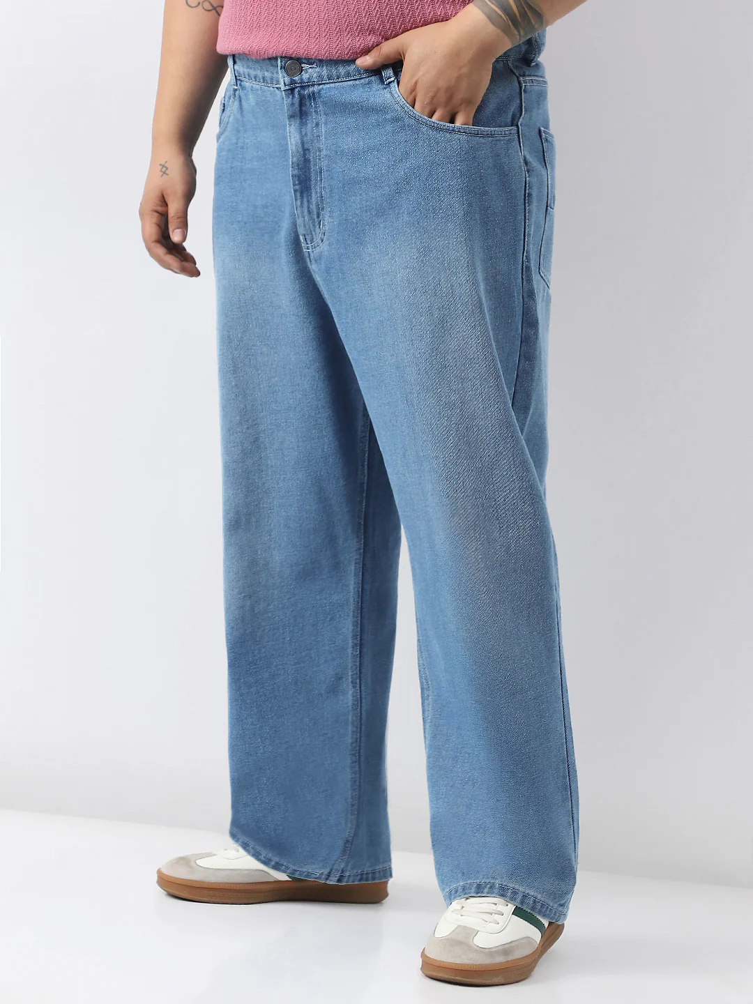 Plus Men's Light Blue Loose Baggy Fit Washed Jeans Non-Stretchable - Image 2