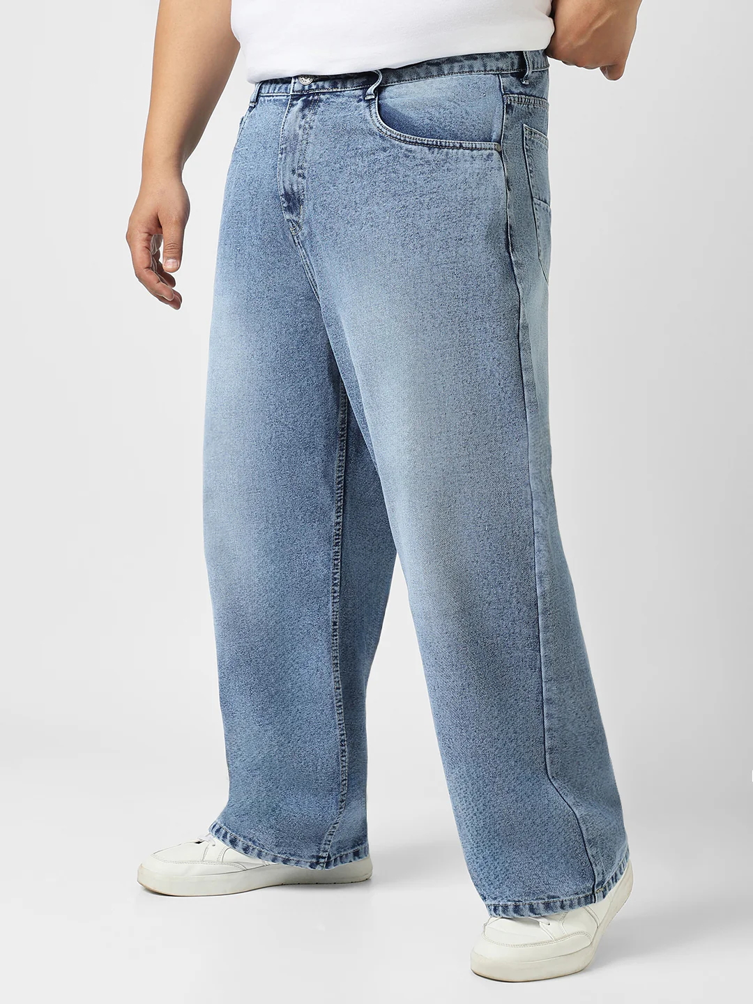 Plus Men's Light Blue Loose Baggy Fit Washed Jeans Non-Stretchable - Image 2