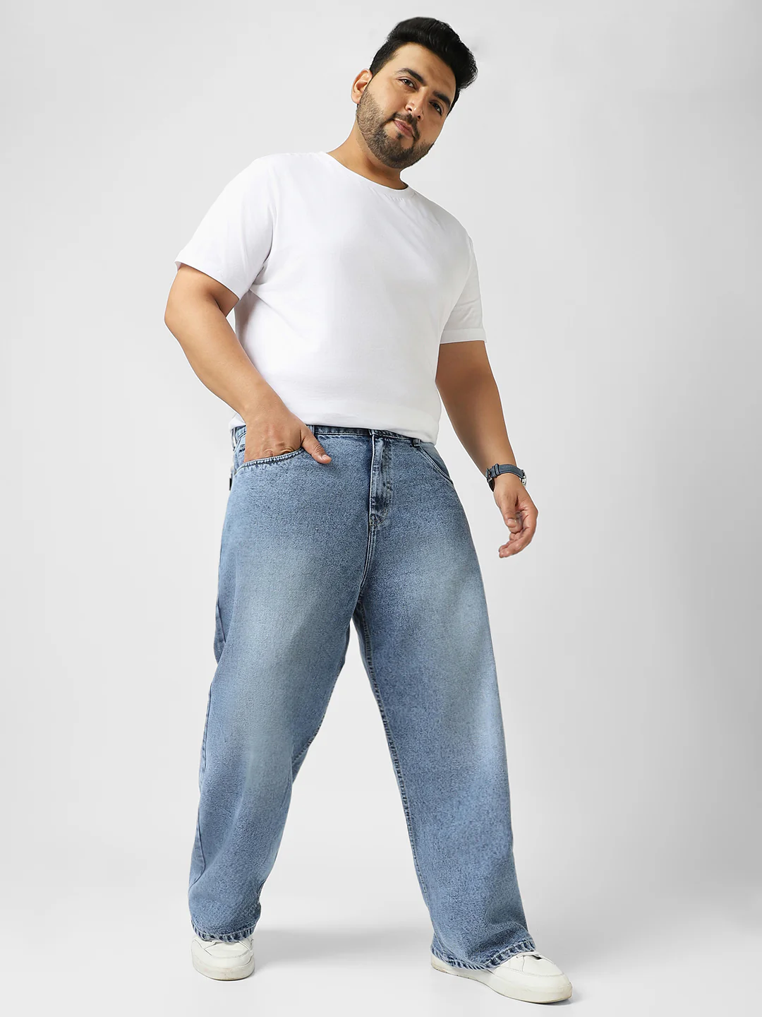 Plus Men's Light Blue Loose Baggy Fit Washed Jeans Non-Stretchable - Image 4