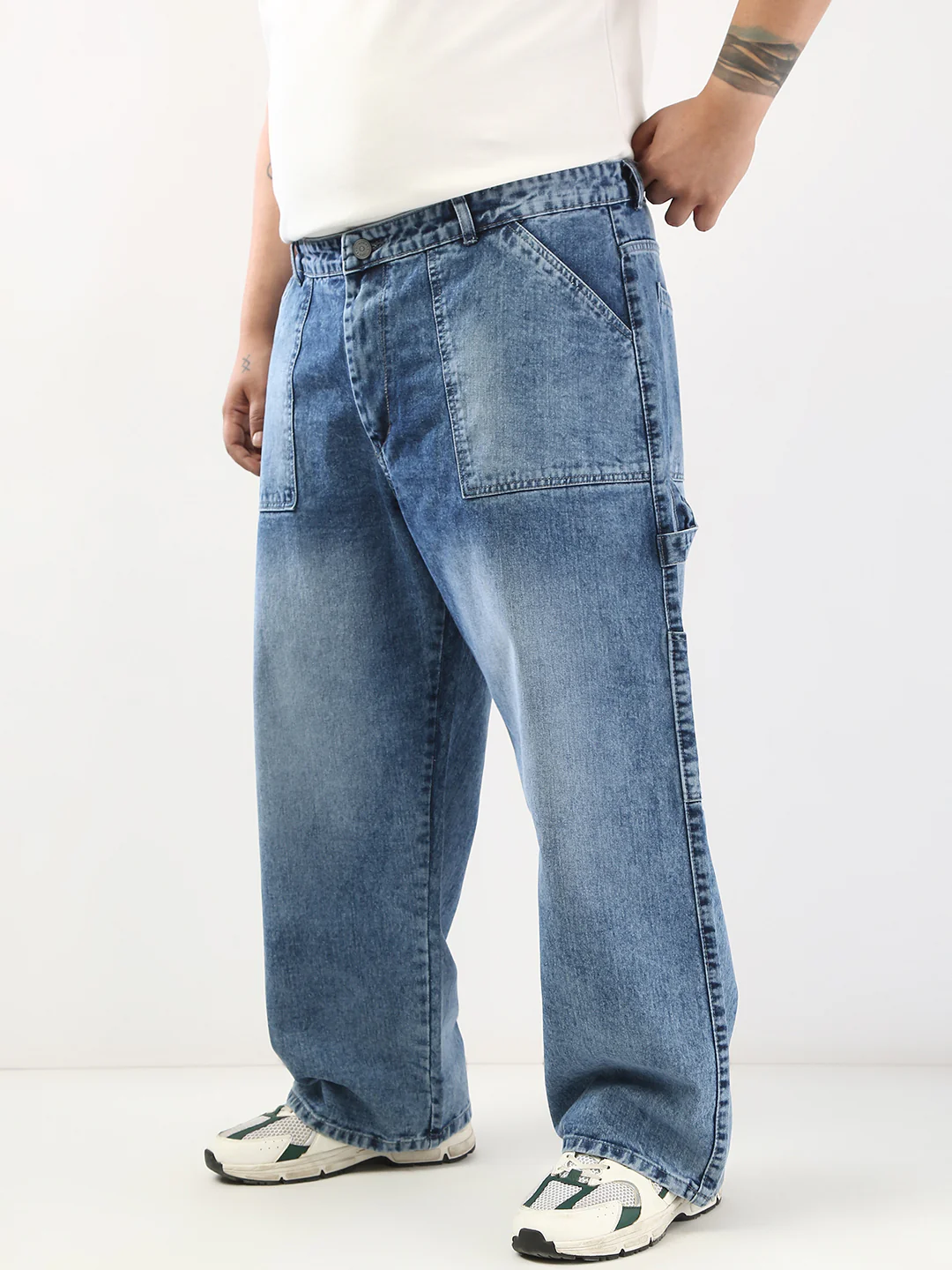 Plus Men's Light Blue Loose Fit Cargo Carpenter Jeans With 6 Pockets Non-Stretchable - Image 2