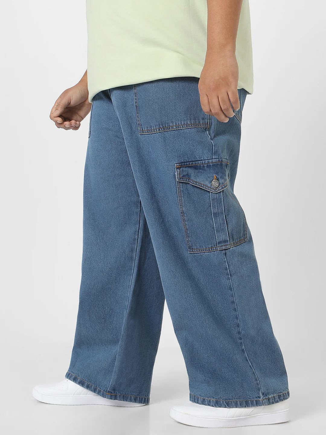 Plus Men's Light Blue Loose Fit Cargo Jeans with 6 Pockets Non-Stretchable - Image 2