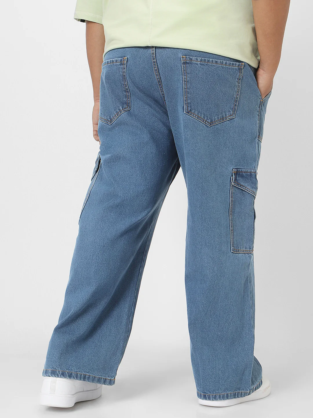 Plus Men's Light Blue Loose Fit Cargo Jeans with 6 Pockets Non-Stretchable - Image 3