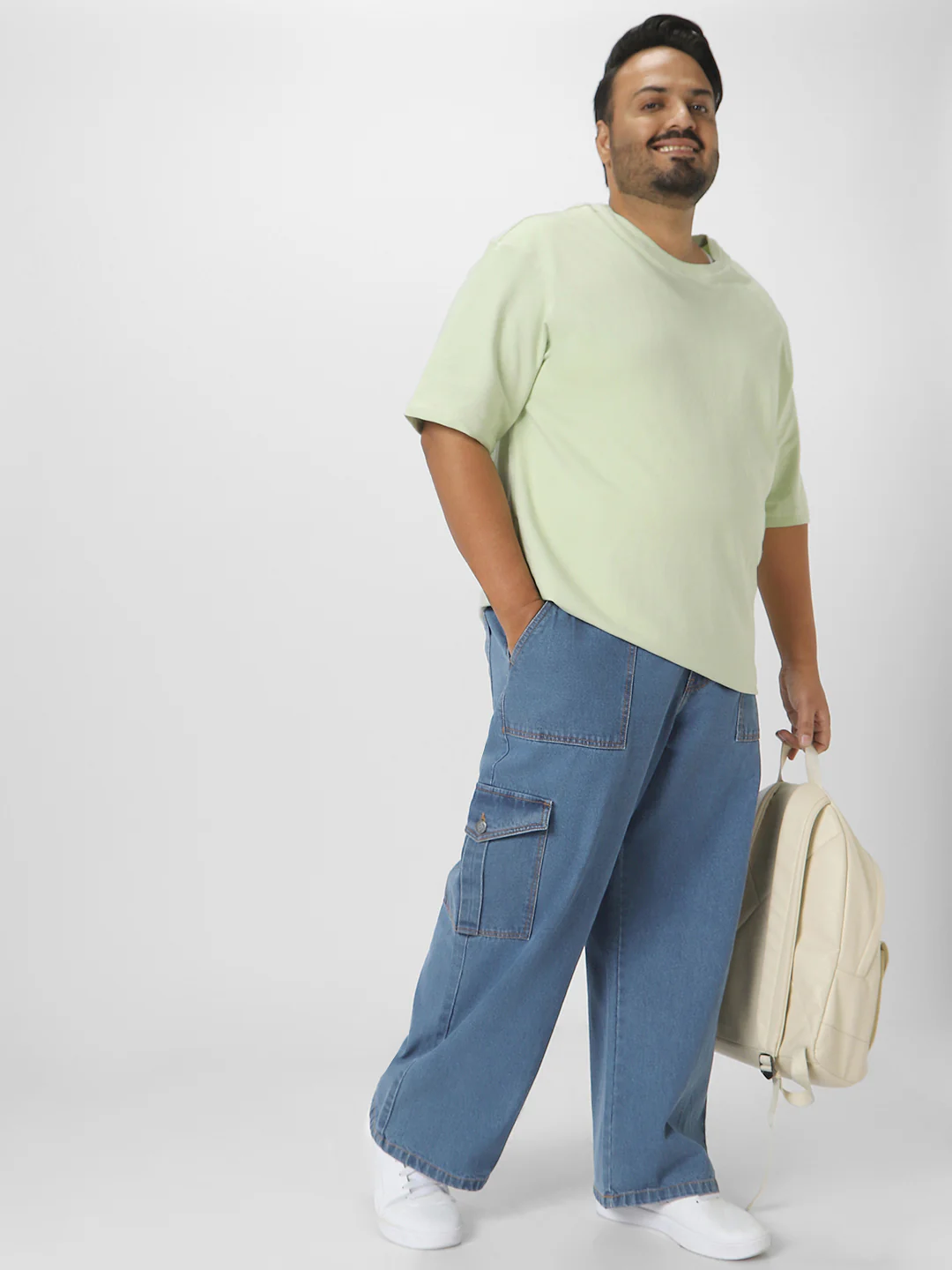 Plus Men's Light Blue Loose Fit Cargo Jeans with 6 Pockets Non-Stretchable - Image 4