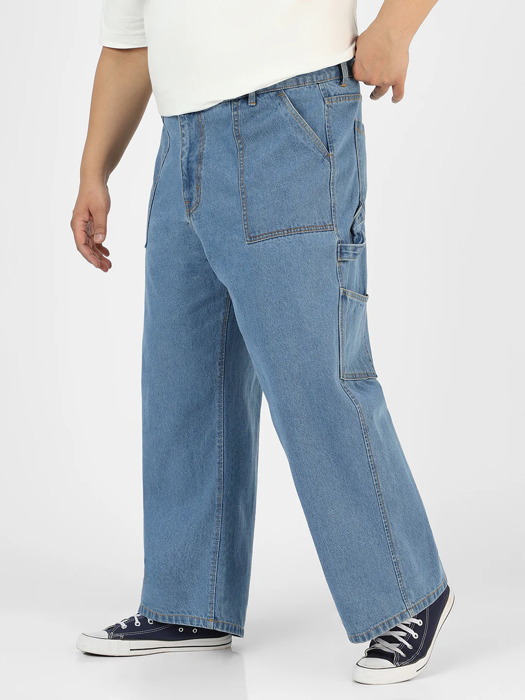 Plus Men's Light Blue Loose Fit Cargo Carpenter Jeans With 6 Pockets Non-Stretchable - Image 2