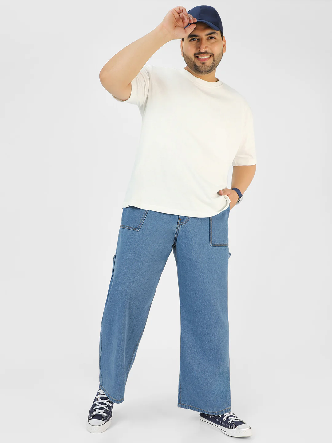 Plus Men's Light Blue Loose Fit Cargo Carpenter Jeans With 6 Pockets Non-Stretchable - Image 4
