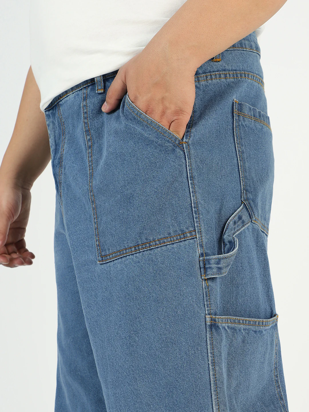 Plus Men's Light Blue Loose Fit Cargo Carpenter Jeans With 6 Pockets Non-Stretchable - Image 5