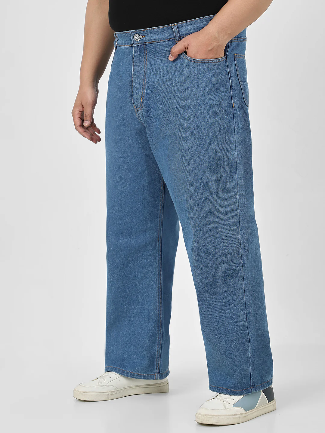 Plus Men's Light Blue Loose Fit Washed Jeans Non-Stretchable - Image 3