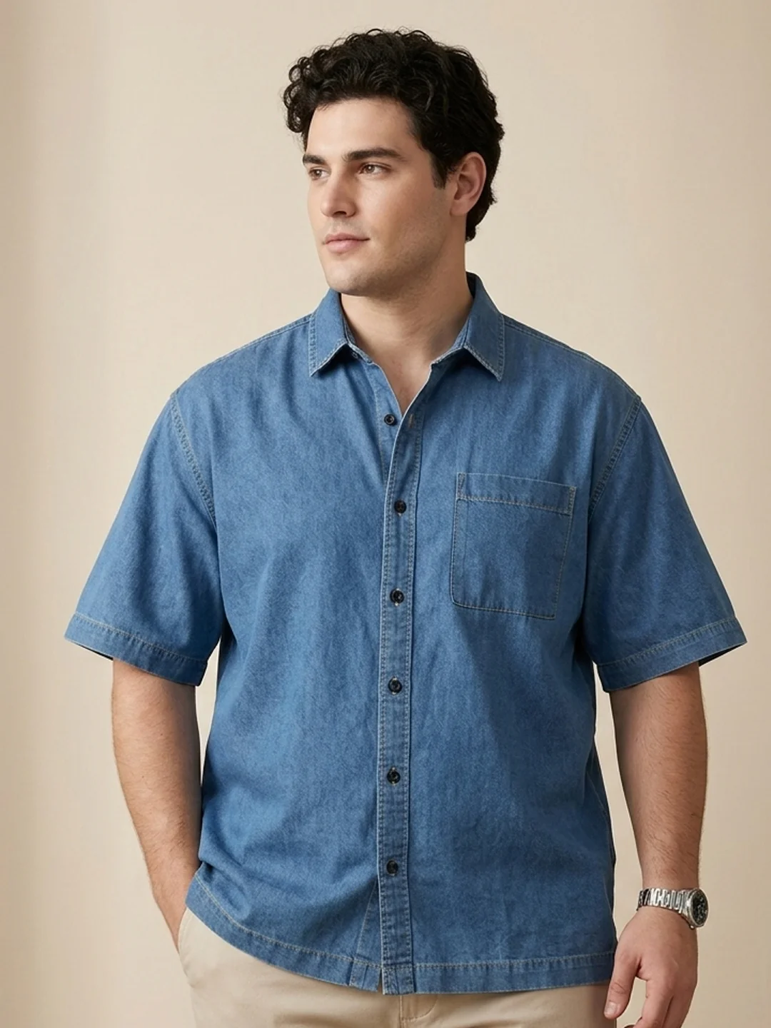 Plus Men's Light Blue Oversized Fit Half Sleeve Solid Casual Denim Shirt