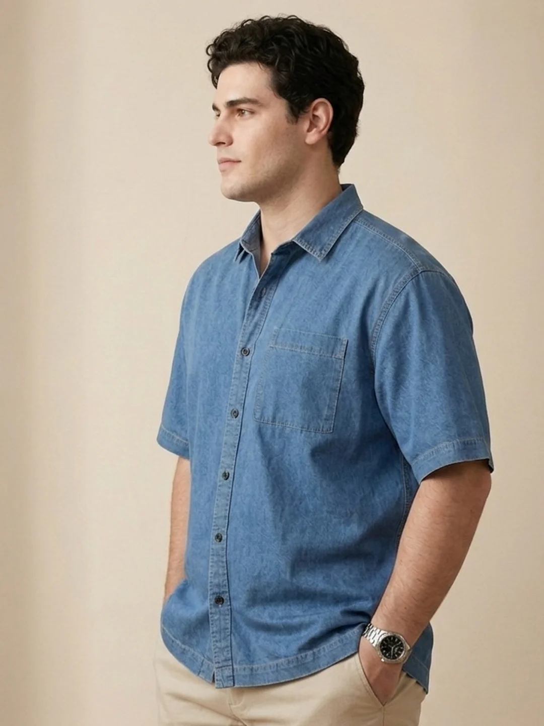 Plus Men's Light Blue Oversized Fit Half Sleeve Solid Casual Denim Shirt - Image 2