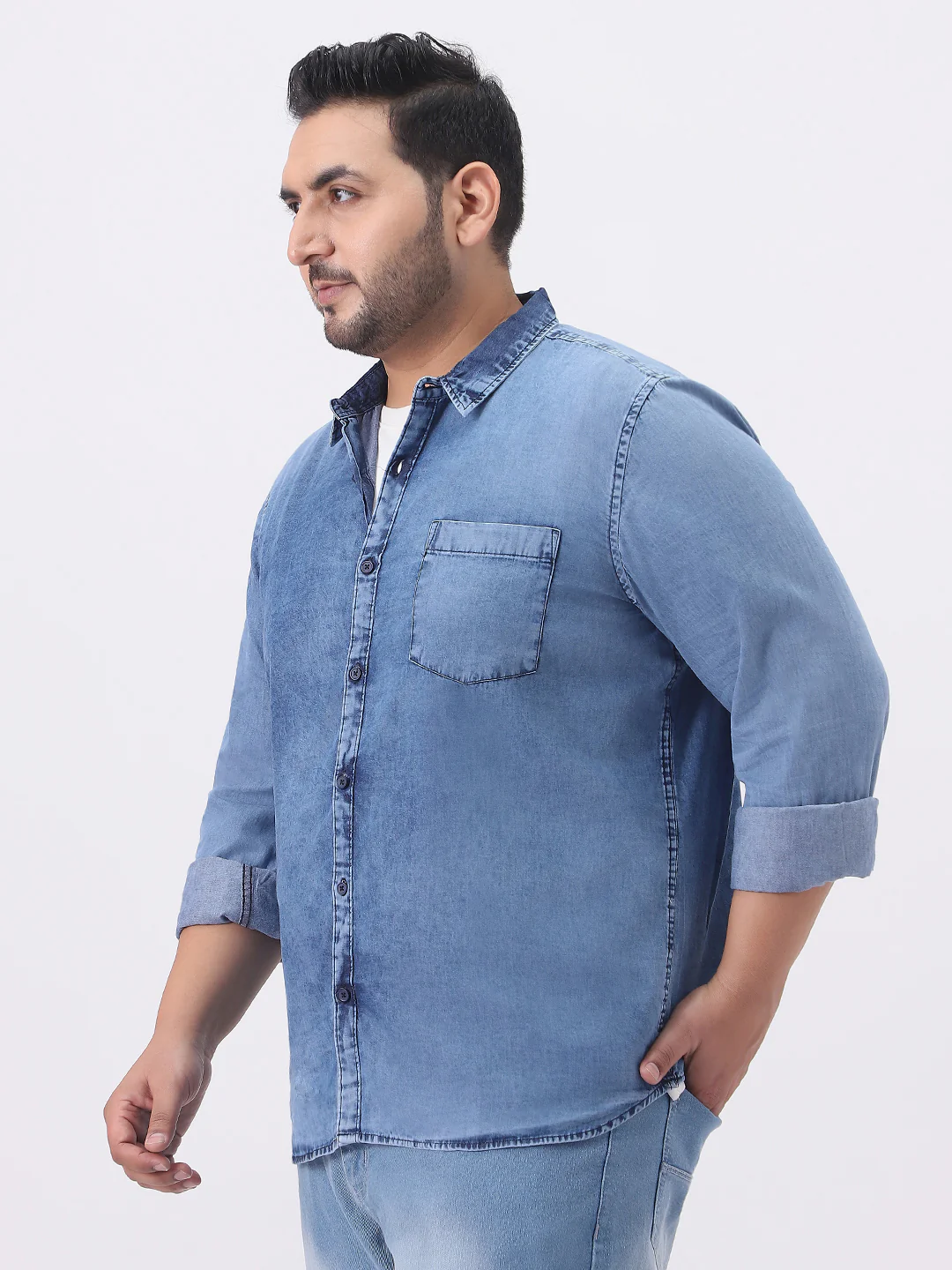 Plus Men's Light Blue Regular Fit Full Sleeve Washed Denim Shirt - Image 2