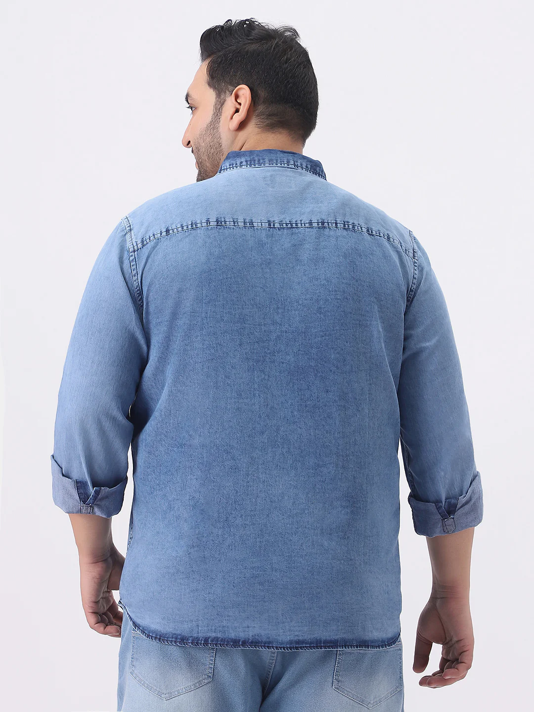 Plus Men's Light Blue Regular Fit Full Sleeve Washed Denim Shirt - Image 3