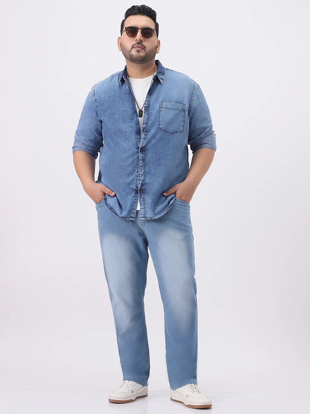 Plus Men's Light Blue Regular Fit Full Sleeve Washed Denim Shirt - Image 4