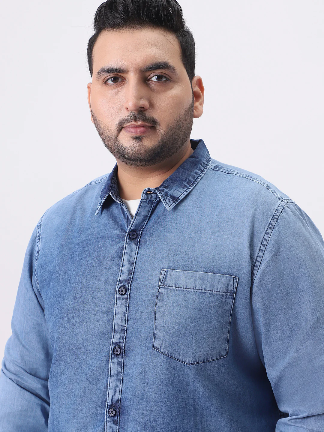 Plus Men's Light Blue Regular Fit Full Sleeve Washed Denim Shirt - Image 5