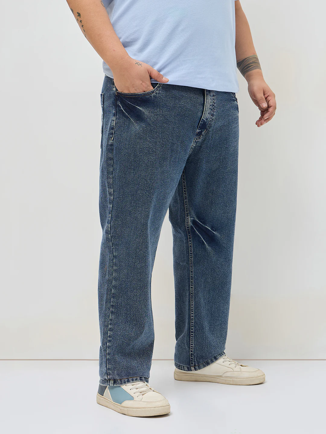 Plus Men's Light Blue Regular Fit Acid Washed Denim Jeans Stretchable - Image 2